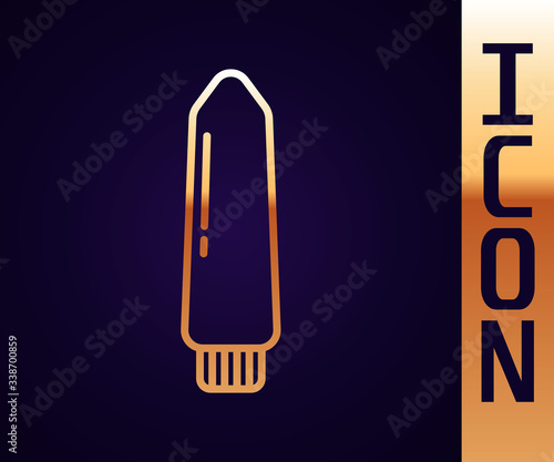 Gold line Dildo vibrator for sex games icon isolated on black background. Sex toy for adult. Vaginal exercise machines for intimate.  Vector Illustration