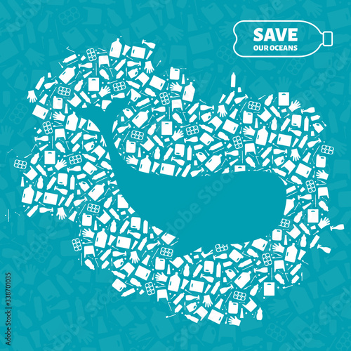 Stop ocean plastic pollution concept vector illustration. Whale ocean mammal outline cut in plastic waste flat icon patch. Underwater wildlife danger concept, global environmental problem banner.