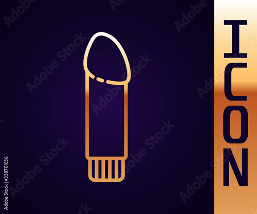 Gold line Dildo vibrator for sex games icon isolated on black background. Sex toy for adult. Vaginal exercise machines for intimate.  Vector Illustration