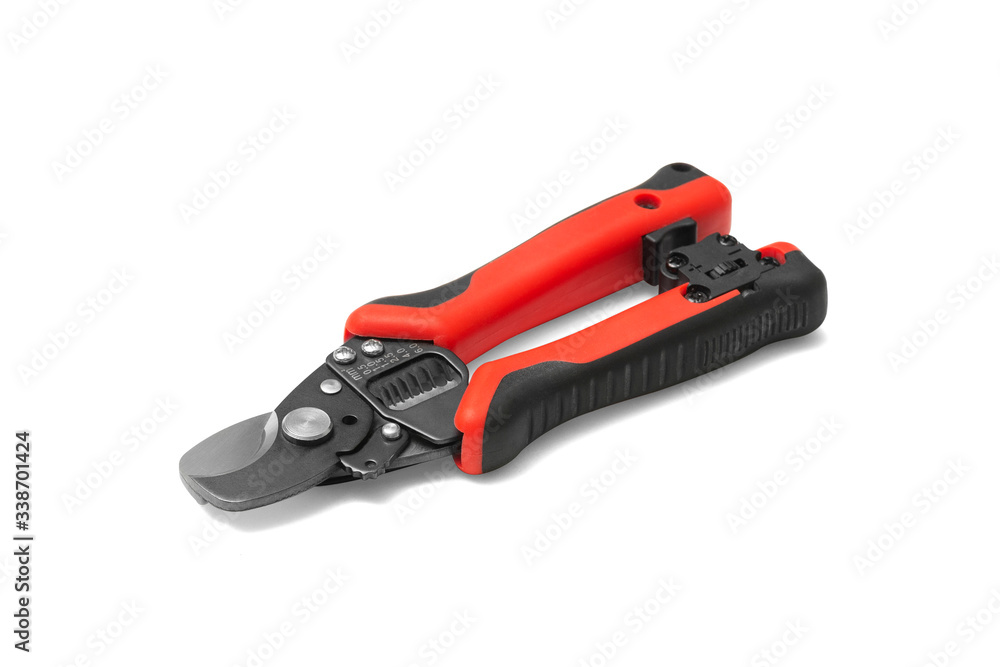 Scissors for cutting and Stripping wires on a white background. An electrician's or Builder's tool. Isolated Scissors for cutting and Stripping wires on a white background. An electrician's or Builder's tool. Isolated