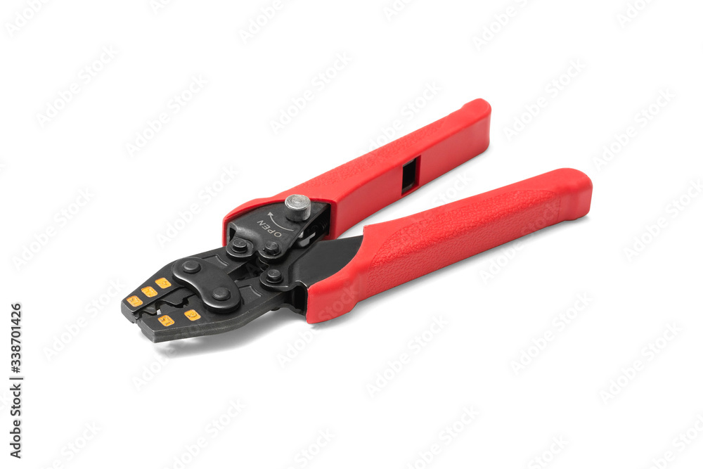 Crimping tool for an electrician on a white background. Press the pliers or pliers for the bushing tips. A tool for an electrician or construction fitter. Isolated Crimping tool for an electrician on a white background. Press the pliers or pliers for the bushing tips. A tool for an electrician or construction fitter. Isolated