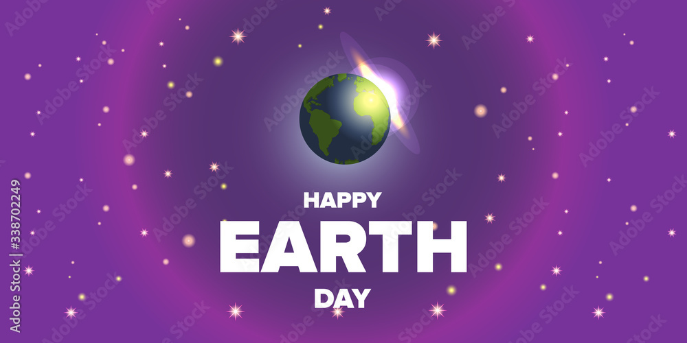World earth day horizontal banner with earth globe isolated on violet space background with stars. Vector World earth day concept horizontal illustration with planet isolated on black background