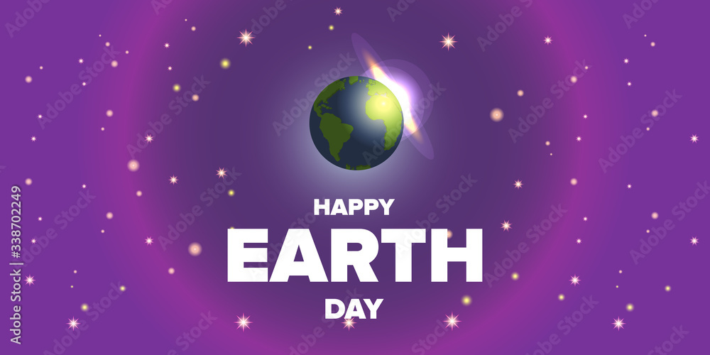 World earth day horizontal banner with earth globe isolated on violet space background with stars. Vector World earth day concept horizontal illustration with planet isolated on black background World earth day horizontal banner with earth globe isolated on violet space background with stars. Vector World earth day concept horizontal illustration with planet isolated on black background