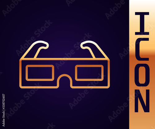 Gold line 3D cinema glasses icon isolated on black background.  Vector Illustration