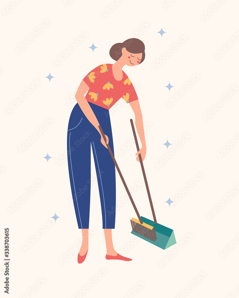 The girl sweeps the floor. Domestic work. Vector illustration. The girl sweeps the floor. Domestic work. Vector illustration.