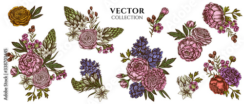 Flower bouquet of colored peony, carnation, ranunculus, wax flower, ornithogalum, hyacinth