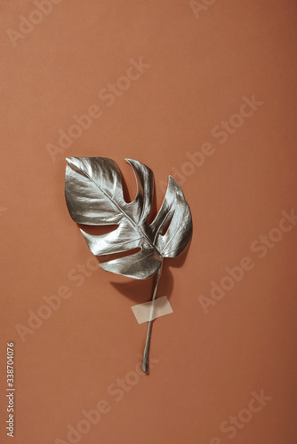 Shiny silver leaf monstera on terracotta background. Trendy design. Pastel Minimalism. Copy space photo