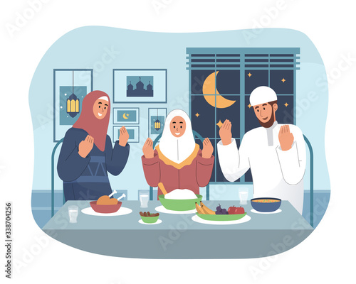 Muslim family praying before having iftar. Ramadan kareem flat cartoon character illustration