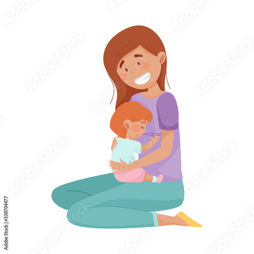 Happy Mother Embracing Tenderly Her Baby Vector Illustration
