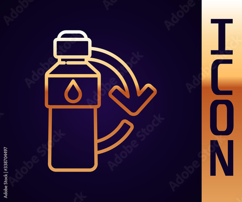 Gold line Recycling plastic bottle icon isolated on black background.  Vector Illustration