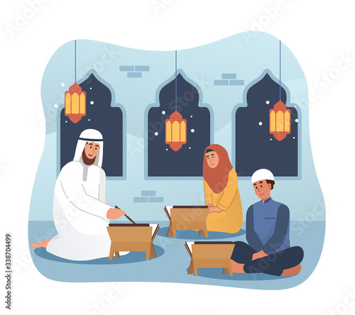 Muslim man and his students reading holy quran in mosque. Ramadan kareem flat cartoon illustration