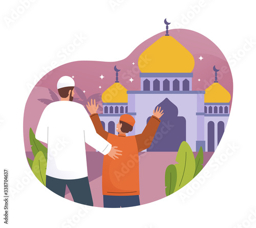 Boy and his father are going to mosque for prayer