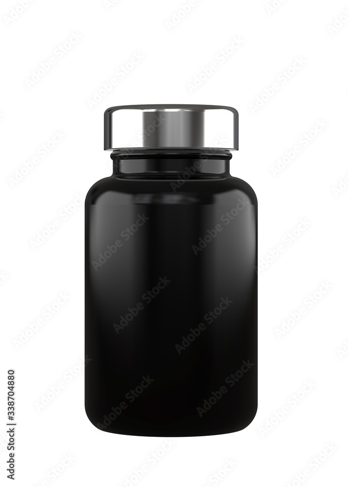 Black Plastic Bottle for Pills Packing with Chrome Metallic Lid. 3D Render Isolated on White Background.