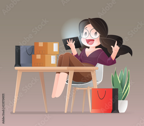 Online shopping. Cartoon shopper women wearing pink is buying online with a notebook computer and credit card stand in a home office. Working from home concept. Flat character illustration design.