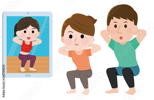 オンライン　動画配信　運動　男女　イラスト