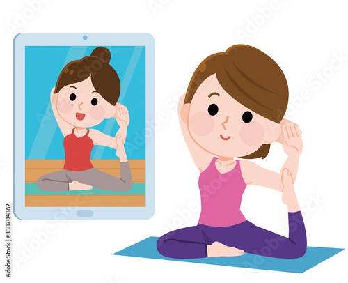 オンライン　ヨガ　動画配信　運動　女性　イラスト