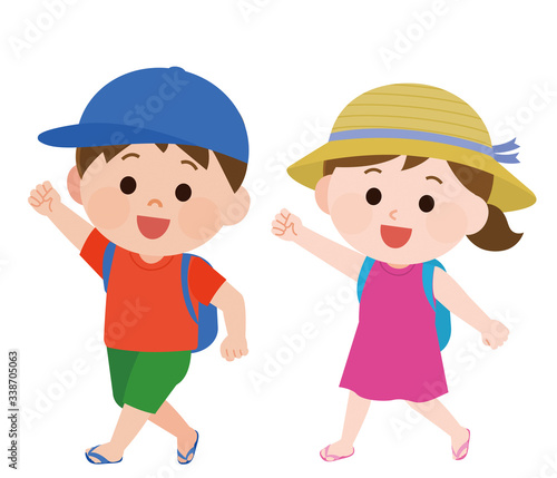 夏休み　旅行　男女　子供　イラスト