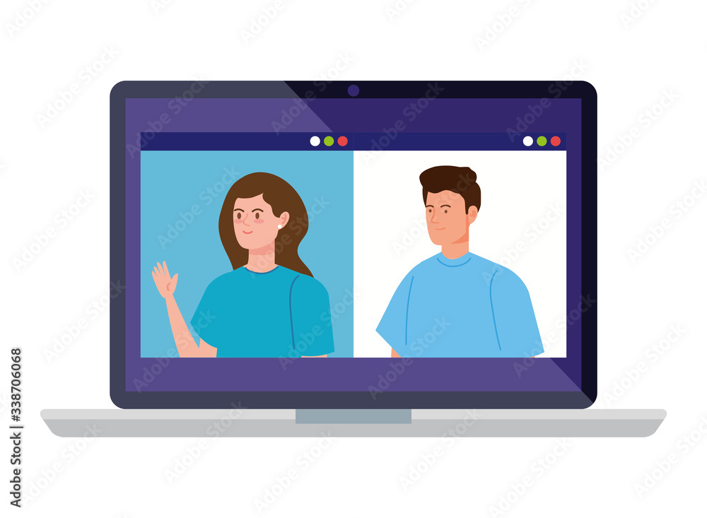 young couple in video conference in laptop vector illustration design young couple in video conference in laptop vector illustration design