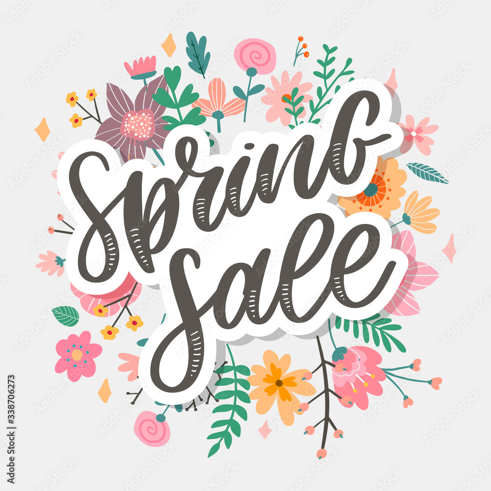 Spring Sale Word Hanging on Leaves with Strings. Vector Illustration flowers Spring Sale Word Hanging on Leaves with Strings. Vector Illustration flowers