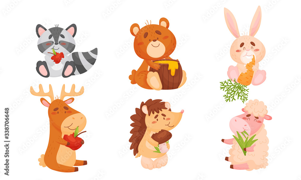 Animals Sitting and Eating Fruit and Vegetables Vector Set Animals Sitting and Eating Fruit and Vegetables Vector Set