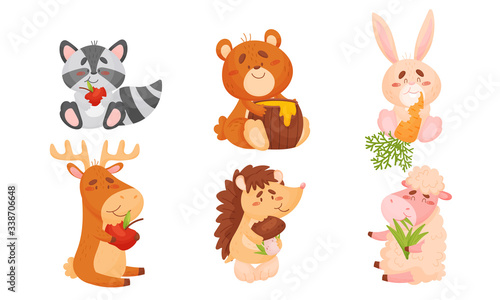 Animals Sitting and Eating Fruit and Vegetables Vector Set