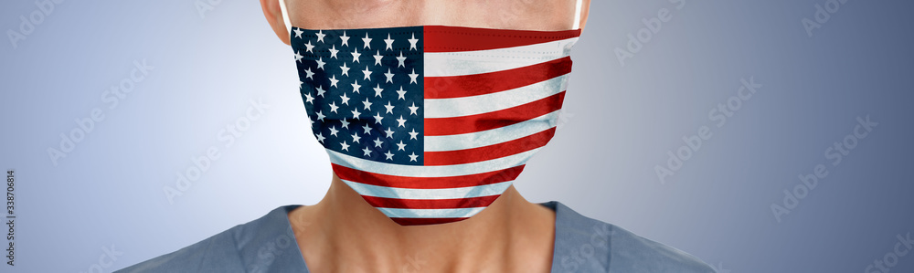USA american flag print on face mask protective PPE doctor panoramic banner. - obrazy, fototapety, plakaty 