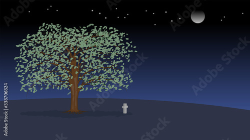Lonely tree with a grave cross in the night. Moon and stars in the black sky EPS10 © GAlexS