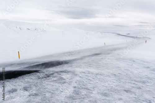 In Iceland, snow storm affects transportation on intercity roads. © burakguralp