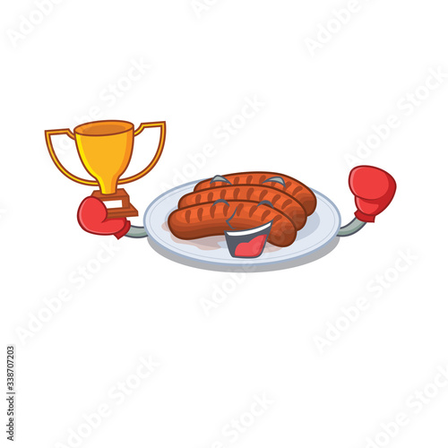 An elegant boxing winner of grilled sausage mascot design style