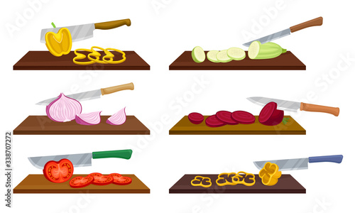 Sharp Knives with Wooden Handle Chopping and Slicing Vegetables on Cutting Board Vector Set