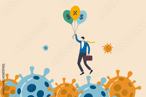 Coronavirus crisis, COVID-19 pandemic impact all business and company with help of banking and government to reduce interest rate and stimulus package, businessman holding balloons fly pass virus.