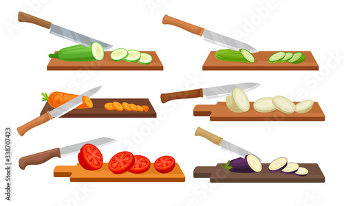 Sharp Knives with Wooden Handle Chopping and Slicing Vegetables on Cutting Board Vector Set