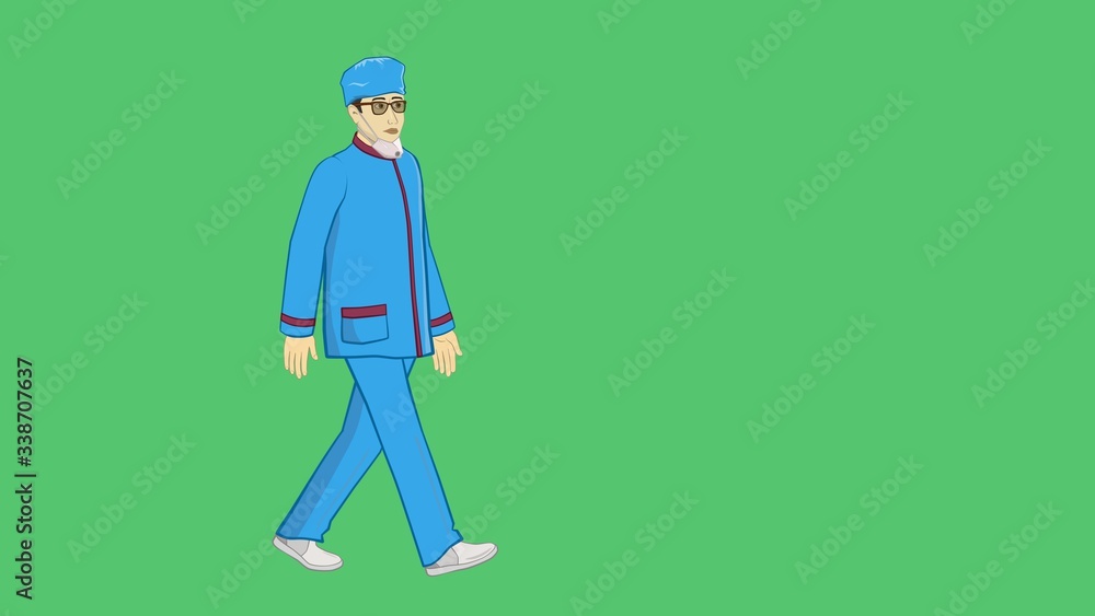 Animation. A male doctor approaches the table. Picks up a medical box. A medical mask and glasses are worn on the face. Helps patients with coronavirus. Green background to replace.
