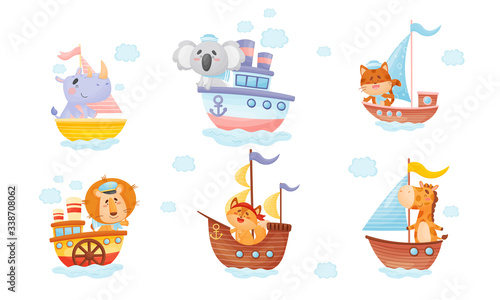 Cartoon Animals in Sailor Hats Boating and Sailing Vector Set
