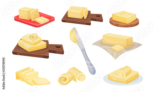 Butter Slices and Rolls Rested on Cutting Board Vector Set