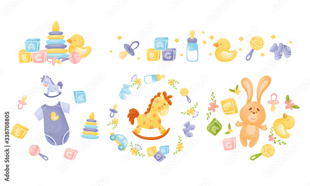 Baby Attributes and Toys with Rattles and Cubes Vector Set