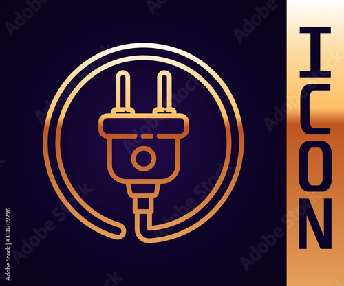 Gold line Electric plug icon isolated on black background. Concept of connection and disconnection of the electricity.  Vector Illustration