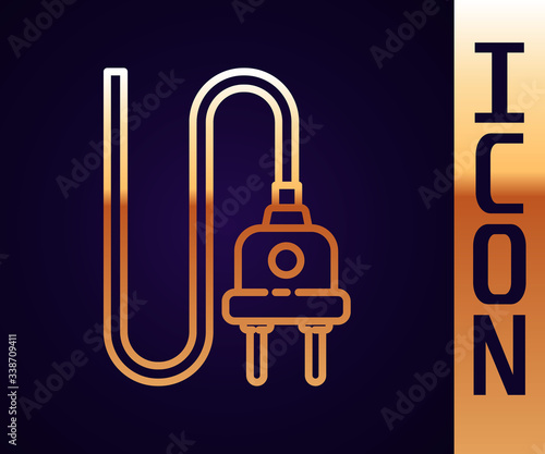 Gold line Electric plug icon isolated on black background. Concept of connection and disconnection of the electricity.  Vector Illustration