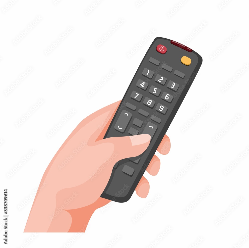 hand holding remote television symbol in cartoon illustration vector isolated in white background hand holding remote television symbol in cartoon illustration vector isolated in white background
