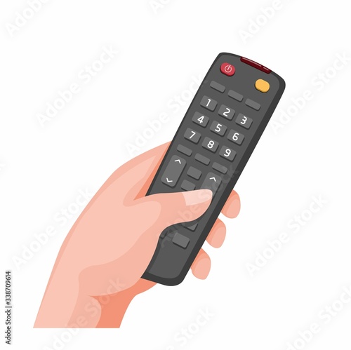 hand holding remote television symbol in cartoon illustration vector isolated in white background