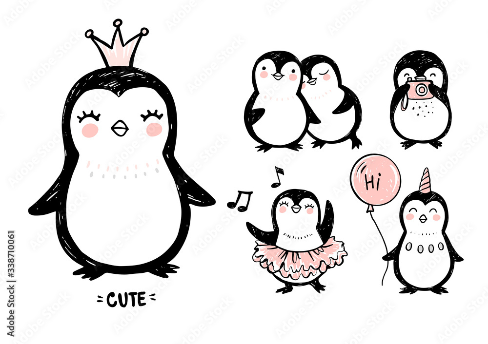 Fototapeta premium Doodle penguins, hand drawn set of funny animals. Vector Penguin character in sketch style.