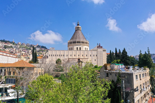 Aerial image of the Basilica of the Annunciation over the old city houses of Nazareth © STOCKSTUDIO