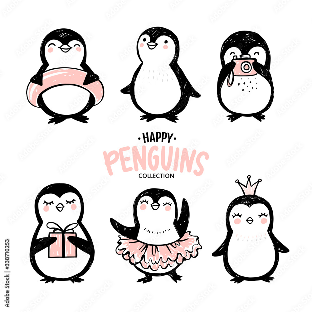 Fototapeta premium Doodle penguins, hand drawn set of funny animals. Vector Penguin character in sketch style.