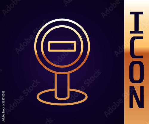 Gold line Stop sign icon isolated on black background. Traffic regulatory warning stop symbol.  Vector Illustration