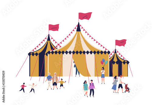 Cartoon families and kids walking near circus tent isolated on white background