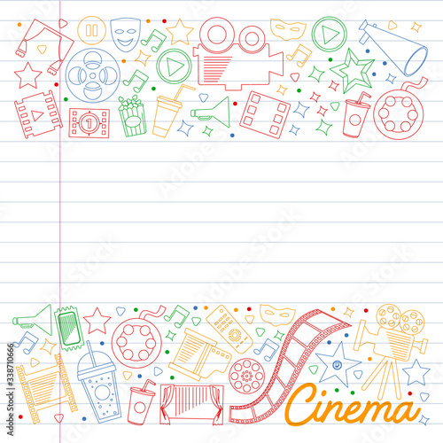 Cinema, video. Doodle set of vector icons. Megaphone, camera, movie. Musical theathre, entertaiment.
