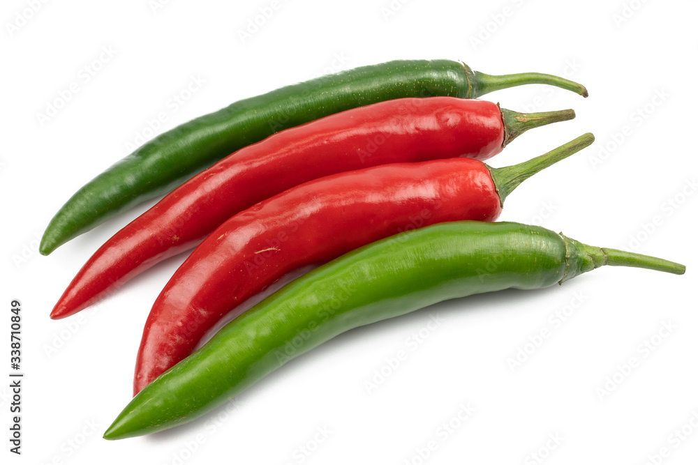 Fresh Green and red chili pepper with sliced isolated on white background, concept of vegetable ingredients in food.top view Fresh Green and red chili pepper with sliced isolated on white background, concept of vegetable ingredients in food.top view