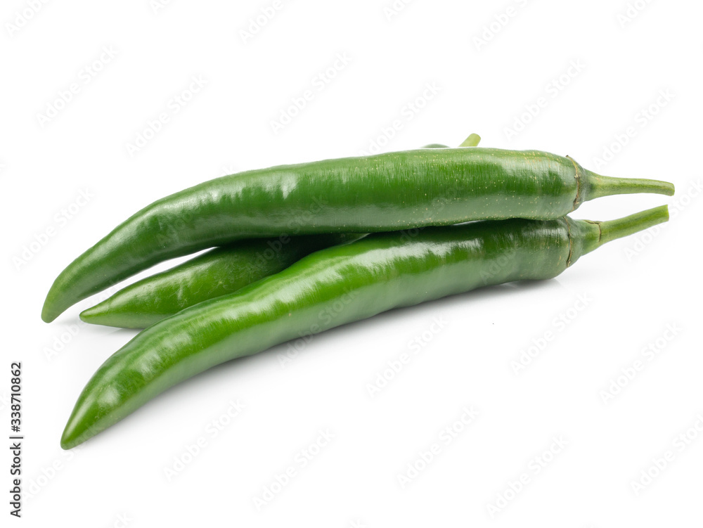 Fresh Green chili pepper isolated on white background, concept of vegetable ingredients in food Fresh Green chili pepper isolated on white background, concept of vegetable ingredients in food