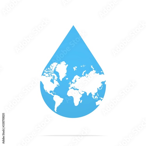 Water drop falls, there is a map of the world on the drop. Isolated Vector