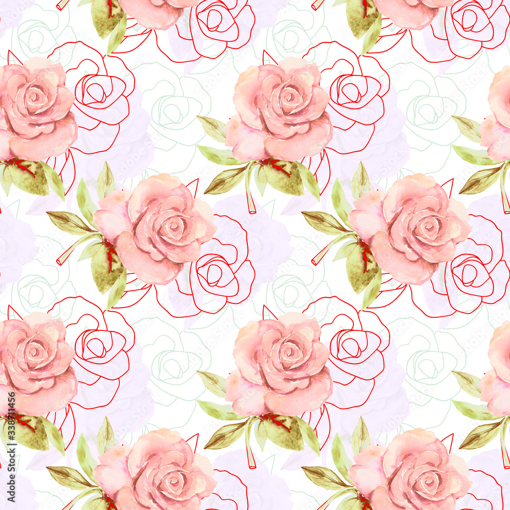 Roses seamless pattern.Image on a white and color background.